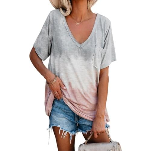 Short Sleeve V-neck Tie Dye Tee Shirt Femme Women T Shirt 2021 Summer Loose Casual Plus Size 5XL Pocket Tshirts T-shirt Tops
