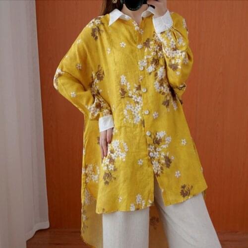 Yellow Oversized Shirts Women Cotton Linen Tops Casual 2021 Spring Vintage Print Floral Blouses Loose Irregular Long Top Blusas