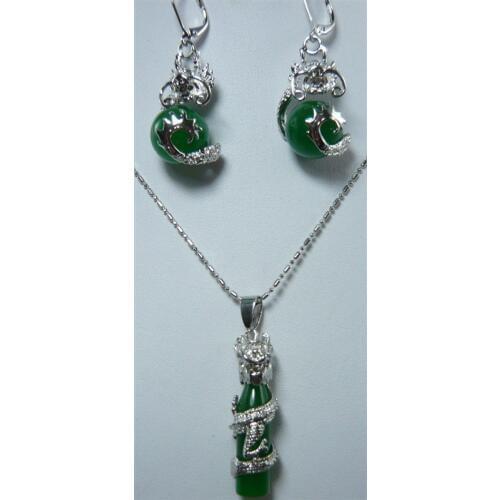 Womens Wedding wholesale fancy design dragon inlay green gem earrings & pendant jewelry set jewelry