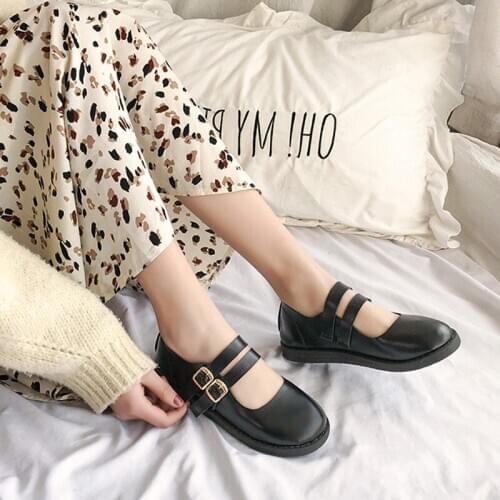 Round Head Design Style Womens Flat Shoes Spring And Autumn Wild Basic Fashion Buckle Strap Casual Beige White Black W33-12