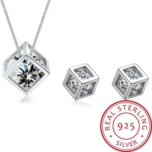 925 Sterling Silver Zirconia Cube Box Earrings Geometric Choker Necklaces Jewelry Sets for Women Statement Pendientes Brincos