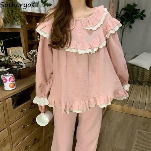 Patchwork Women Pajama Sets Kawaii Long Sleeve Korean Style Outwear Fashion Leisure Soft Design Chic Spring New Homewear Ruffles