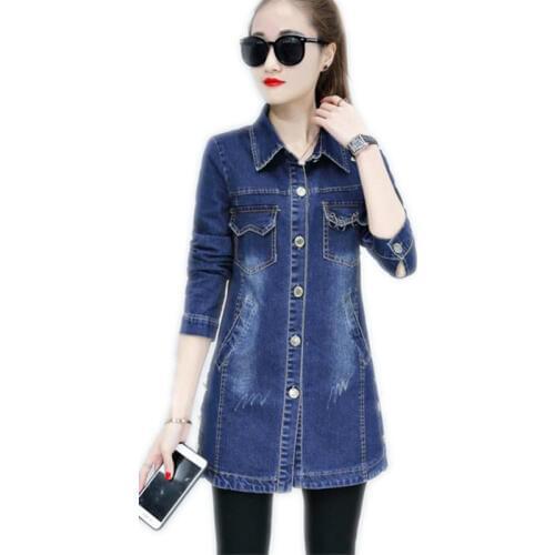New Arrival Women Spring Autumn Medium-Long Denim Coat 2018 Fashion Streetwear Turn-Down Collar Women Denim Jacket Thin Q100