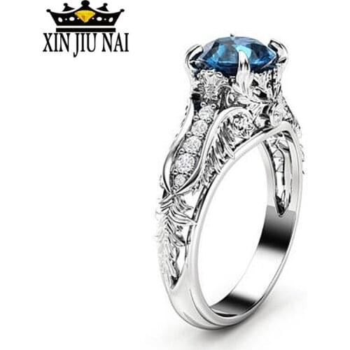 2018 Vintage Blue Zircon Engagement Ring With Silver Color Lady Party Jewelry Gift Wedding Rings For Women Stainless Steel