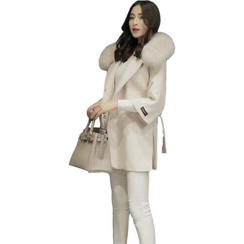 2020 Faux Fox Fur Collar Hooded Womens Wool Coat Lady Single Breasted Female Suit Slim Casaco Feminino Boutique Womens Jackets