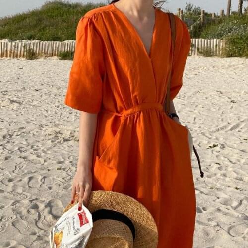 2021 Summer Women Holiday Dresses Solid Cotton V-neck Pockets Dress for Women Casual Loose Orange Dress French Vestido 15188