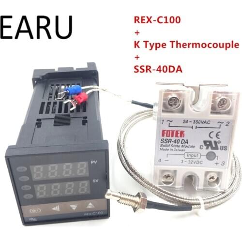 RKC Digital PID Temperature Controller Thermostat REX-C100 + Max 40A SSR SSR-40DA Relay + K Thermocouple M6 Probe High Quality