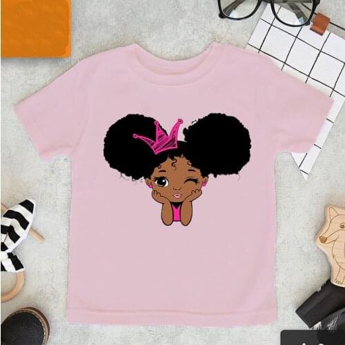 Kids t-shirt cute fluffy hair melanin princess print black girl t-shirt summer Pink girls t-shirt Short sleeve high quality tops