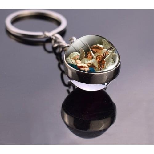Double Sided Keychain Key Ring Glass Ball Angel Wings Hadas Goticas Angel on Moon oil painting Keyring Birthday Gift