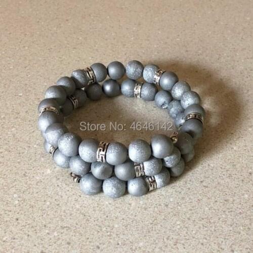 Bohemian Silver Metallic Druzy Agates Bracelet Accent Bead Stretch Bracelet