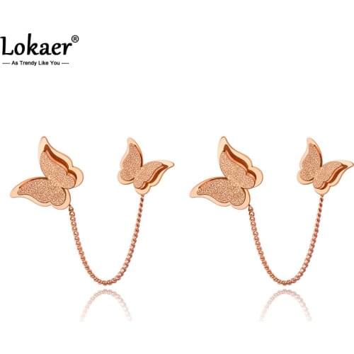 Lokaer Trendy Stainless Steel Double Butterfly Bohemia Party Earrings For Women Original Design Animal Earrings Jewelry E20297