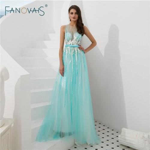 Mint Evening Dresses Long 2018 Scoop A-Line arab Evening Gown Sequin Prom Dress Beaded Party GownVestido de Fiesta NS15