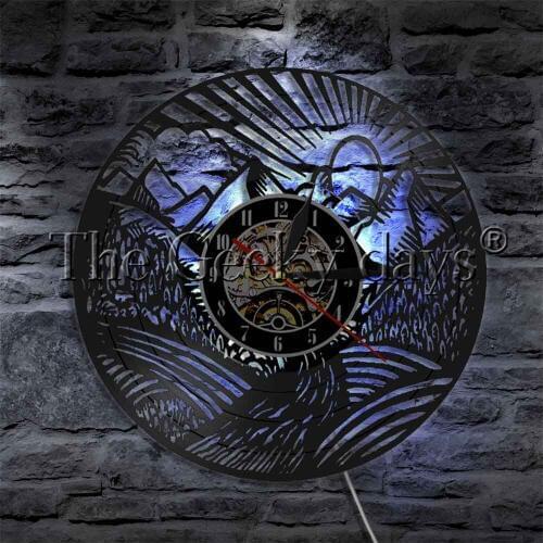 Mountain Nature Landscape LED Night Light Cool Living Room Interior Decor Vinyl Record Wall Clock Home Decorations Art