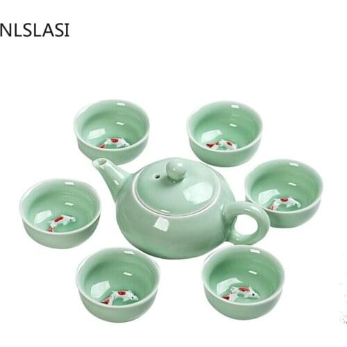 New Celadon Fish Teacup Set Antique Tea set Tea Set Teapot Travel Portable Tea Set Household Fashion Drinkware WSHYUFEI