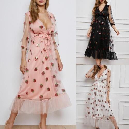 Embroidery Dress Strawberry Pattern Ruffles Patchwork Dress for Wedding