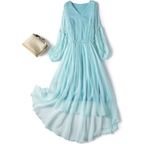 100% Silk Summer Dresses for Women 2021 Elegant Beach Dress Long Sleeve Dress Female Korean Fashion Vestido De Mujer Pph4369