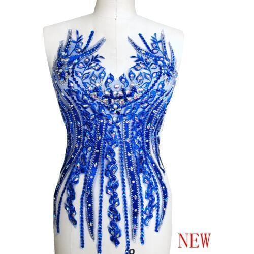 Sew on sequins beads royalblue 19.9 lace patches rhinestones applique trim 55*31cm for dress accessory