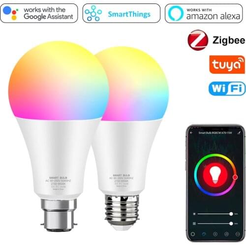 Tuya Zigbee LED Bulb 15W Voice Control Dimmable Wifi Light E27 B22 RGB Magic Lamp Compatible with Amazon Alexa Google Home