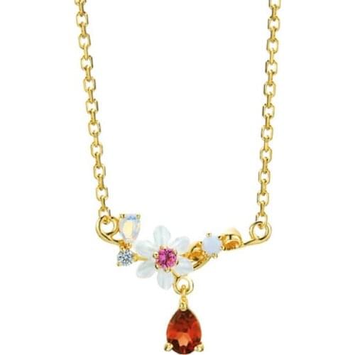 Vintage Fine 925 sterling silver gold necklaces for women flower water Shaped Multicolor Crystal pendant bridal Fine jewelry