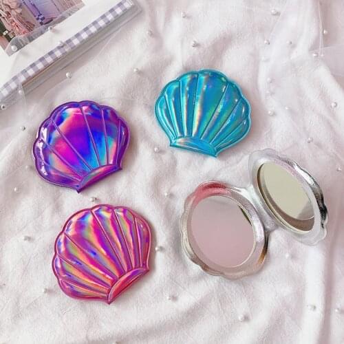 Shell Shape Makeup Mirror 2X Magnifying Mirror Portable Makeup Vanity Foldable Laser Pocket Mirror Cosmetic Hand Compact Mirror