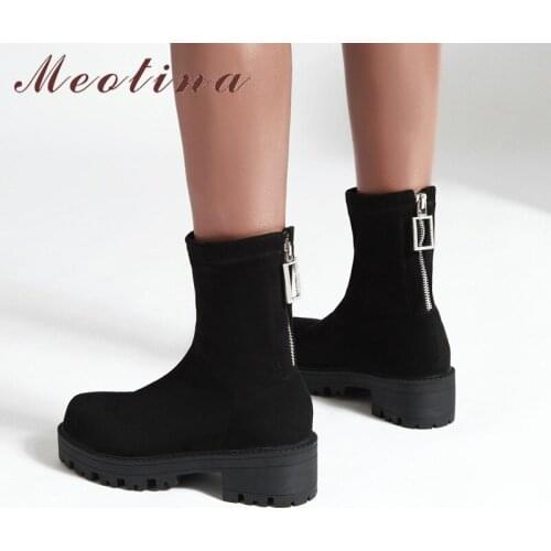 Meotina Women Boots Winter Ankle Boots Flock Square High Heel Short Boots Zipper Round Toe Shoes Lady Autumn New Plus Size 34-43