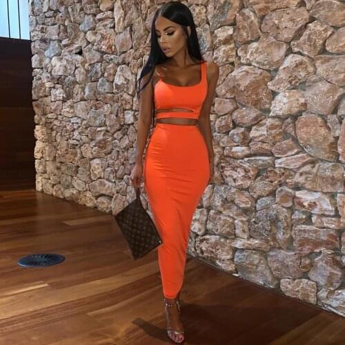 Women solid color strapless hollow out crop top high waist elastic skinny long skirts two pieces set female fashion outfit