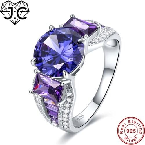 J.C New Round Rainbow Topaz & Tanzanite Amethyst Solid 925 Sterling Silver Ring Size 6 7 8 9 Luxury Elegant Women Fine Jewelry