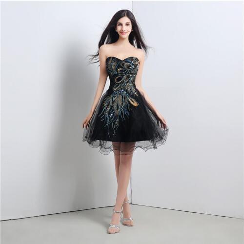 Wowbridal 2021 Strapless Peacock Formal Short Black Homecoming Dress Lace Up Back Elegant Gowns robe de soiree 16102