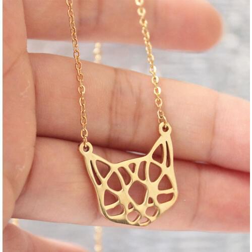 Everfast 1pc Origami Cat Head Pendant Collar Necklaces Cute Little Hollow Kitten Stainless Steel Necklace Jewelry Accessories