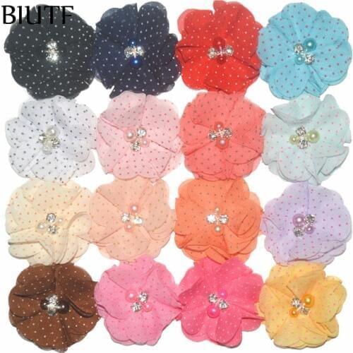 100pcs/lot 2 inch Polka Dot Chiffon Fabric Flower with Pearl Rhinestone Headwear Accessories 16 Colors in Stock TH261