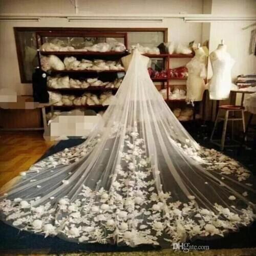 3D Floral Bridal Veils 3M Cathedral Length Long White Ivory Champagne Wedding Veils with Combs Tulle and Lace Appliques 2020 New
