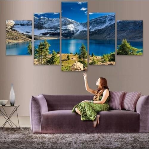 5 Panel Modern Printed Mountains Rivers Painting Pictures Canvas Art Landscape Paintings For Living Room Decor