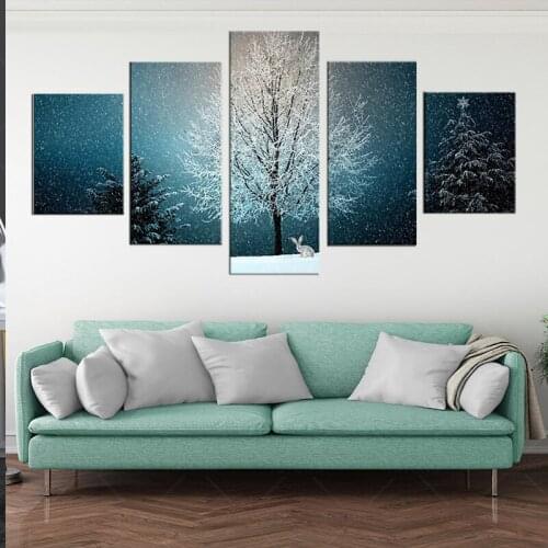 5 Pieces Season Winter Canvas Wall Art Painting Snow Tree and Rabbit Wallpapers Posters For Home Decor Romantic Snow Pictures