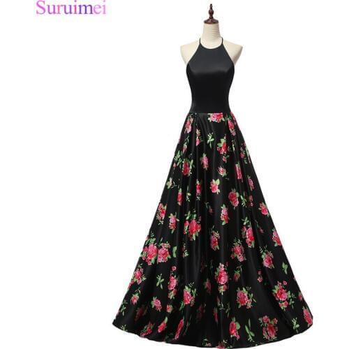 9 Style Floral Print Evening Dresses Jersey A Line Halter Long Black Evening Gown Vestidos De On Sale