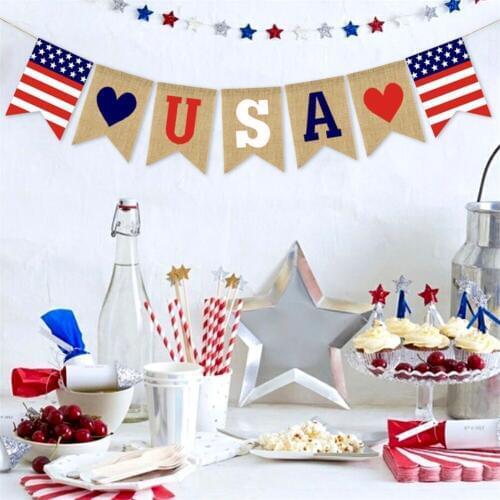 American Burlap Banner Independence Day Decoration White Blue Stars Banner for 4th of July Decor 2019ing