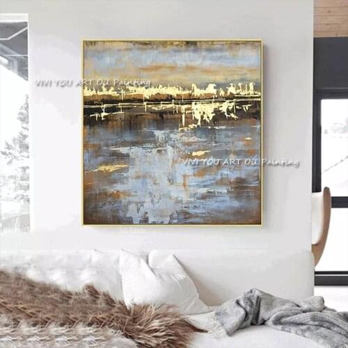 Large 100% Handmade Abstract Grey Gold Foil Oil Painting Hand-painted Artwork High Quality Golden Abstract Painting Home Gift
