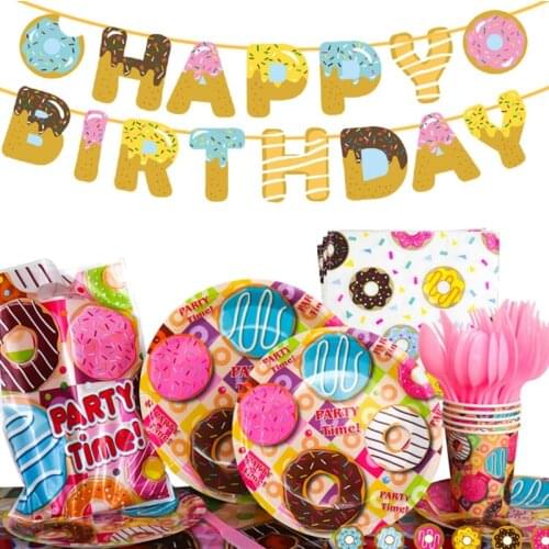 Color Donut Theme Ice Cream Disposable Tableware Plate Cup Napkin Tablecloth Flag Kids Birthday Girls' Party Decor Supplies