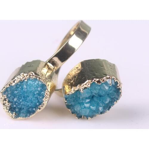 Druzy 1Pc Unique Design Irregular Gold Color Metal Multi-color Natural Stone Quartz Crystal Druzy Beads Adjustable Rings