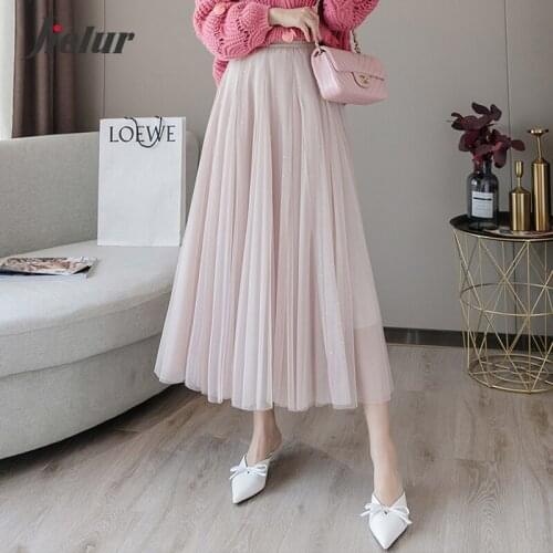 Jielur New Shiny Diamond Tutu Skirts Women High Waist Mesh Pleated Skirt Spring Autumn Fashion Coffee Gray Pink Black Long Skirt