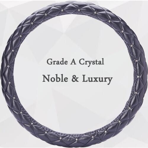 Car Steering Wheel Cover Bling Shiny Crystal Diamond Grid Black PU Leather 38cm