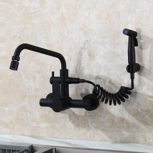 Kitchen Faucet Hot & Cold Sink Mixer Tap Washing Basin Wall Mounted With Spray Gun Outdoor Faucet Mop Pool Laundry Pool Tap