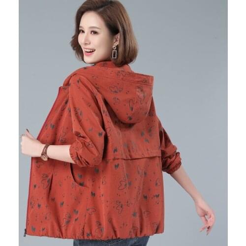 2021 New Autumn Women Jacket Long Sleeve Print Causal Hooded Windbreaker Female Pocket Zipper Jackets Basic Coat Plus Size 4XL