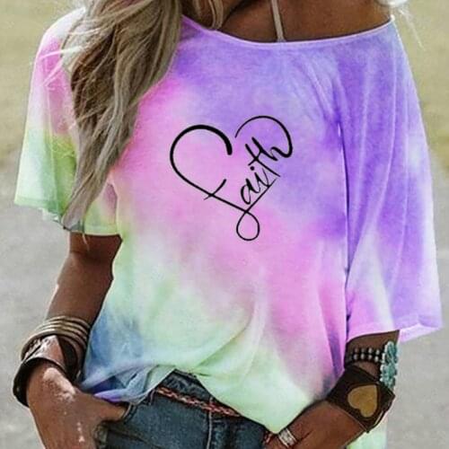 Fashion Summer Ladies Faith Print Tops Sexy Gradient Off Shoulder Loose T-shirts One-way Collar Casual Loose Short Sleeve Shirt