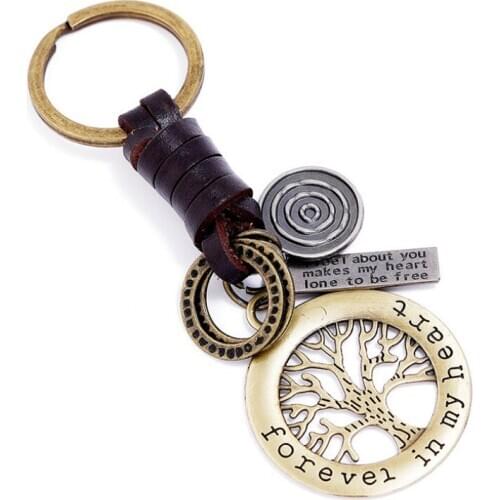 Fashion Vintage Tree of Life Keychain Genuine Leather Holder forever in my heart Pendant Key Chain Bag Car Keyrings Accessories