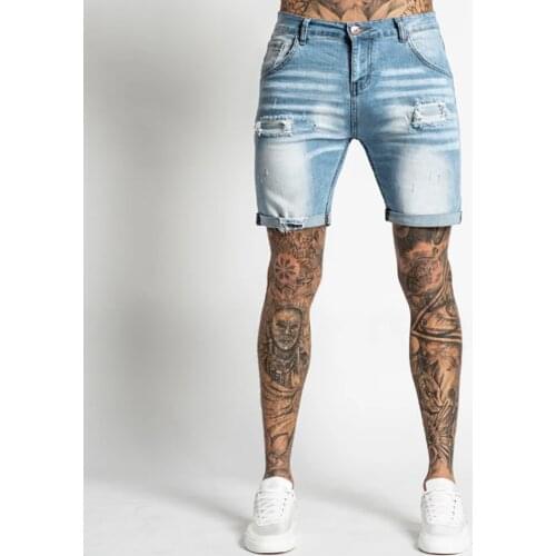 Mens Ripped Skinny Denim Shorts Solid Color Casual Frayed Jeans Short Pants Homme Summer Fashion Stretch Denim Short Jeans
