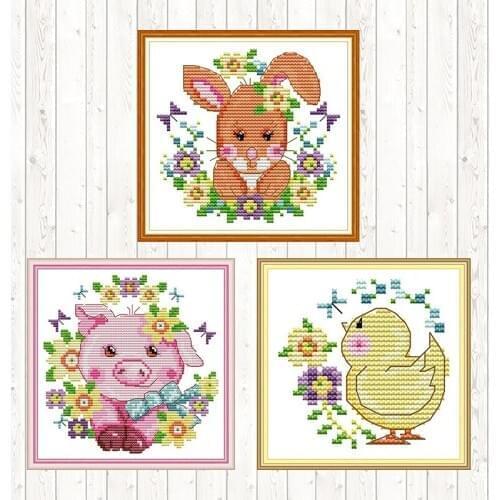 Happy Farm Count Cross Stitch Animal Patterns Pig Rabbit 14CT 11CT Printed Canvas for Embroidery Kit DIY Cross Stitch Needlework
