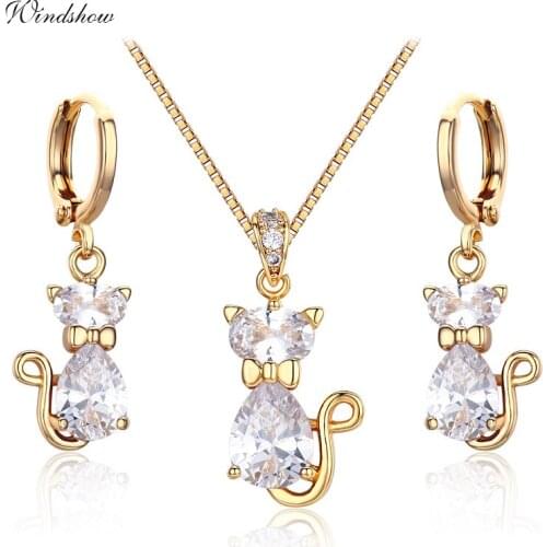 Cute Yellow Gold Color Kitten Cats Pave CZ Stones Pendants Necklaces Drop Earrings Jewelry Sets For Women Children Girls Kids