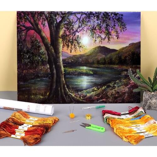 Natural Scenery One Evening Printed Water-Soluble Canvas 11CT Cross Stitch DIY Embroidery Kit DMC Threads Mulina