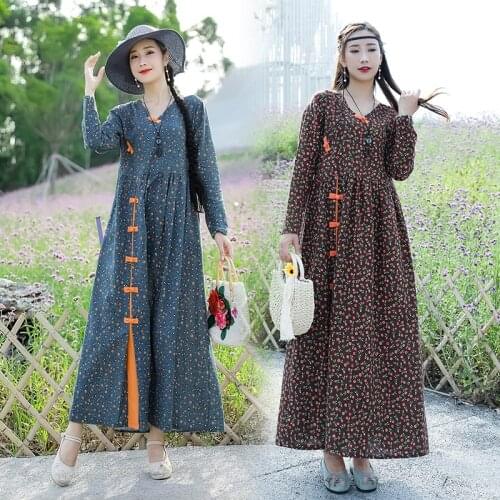 2021 New Print Floral Prairie Chic Autumn Dress Cotton Linen Buckle Vintage Chinese Style Dress Women Long Casual Spring Dress