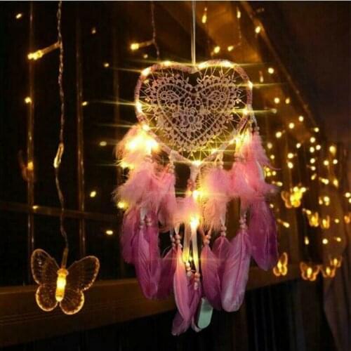 Fancy Dream Catcher With LED String Hollow Hoop Heart Shape Pendant Feathers Handmade Night Light Wall Hanging Home Decor Gift